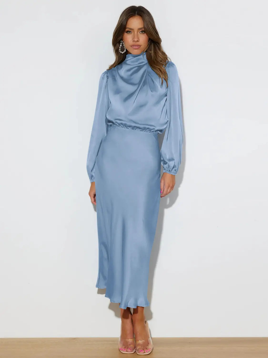 Satin Midi Dress with Balloon Sleeves - Evening Elegance