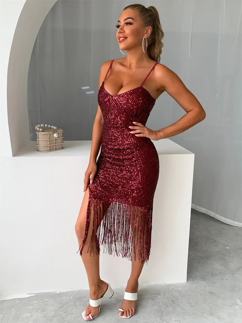 Sultry Sequined Bodycon Cami Dress With Fringe - Party Essential