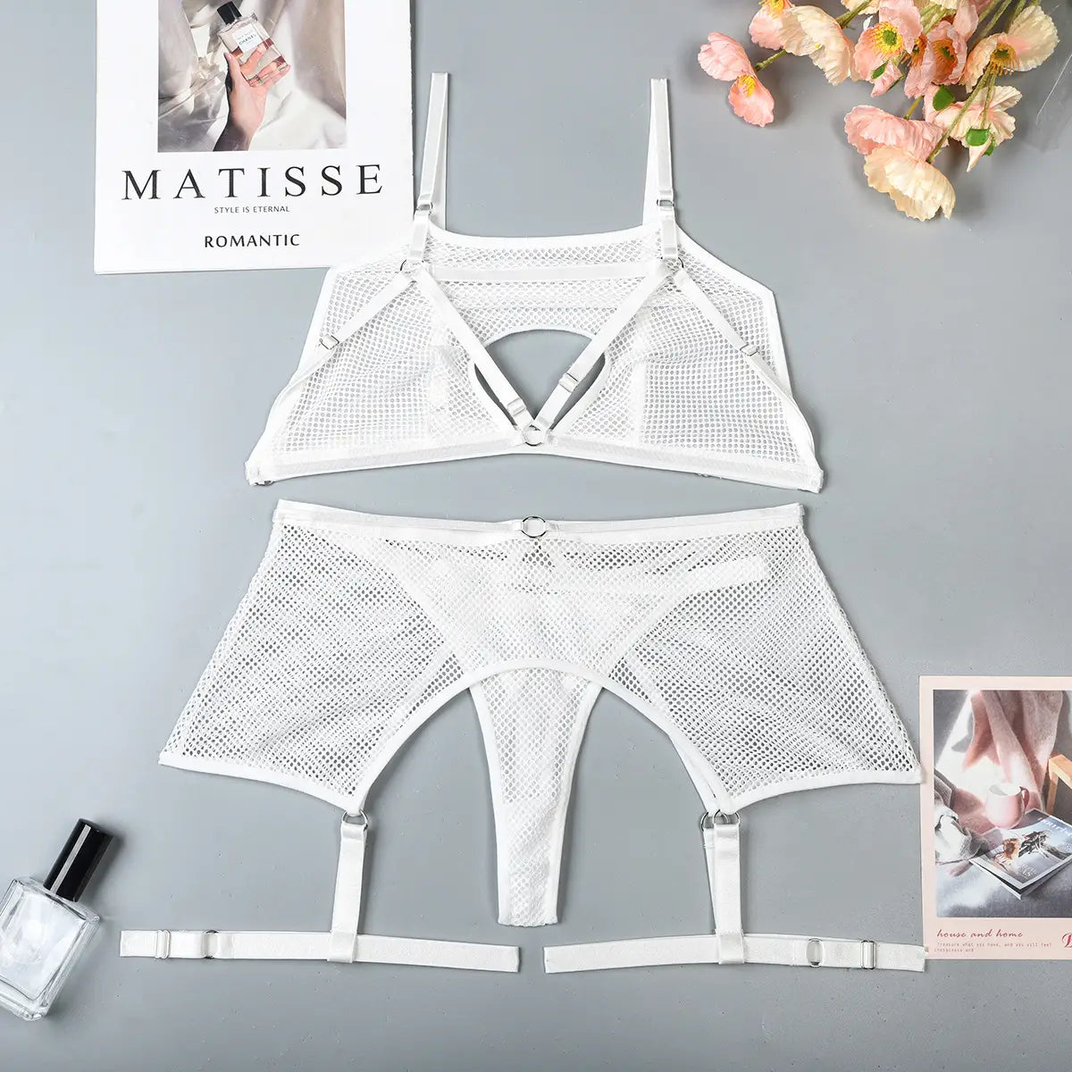 Mesh Mystique Three-piece Set - Solid Elegance with Cutout Charm