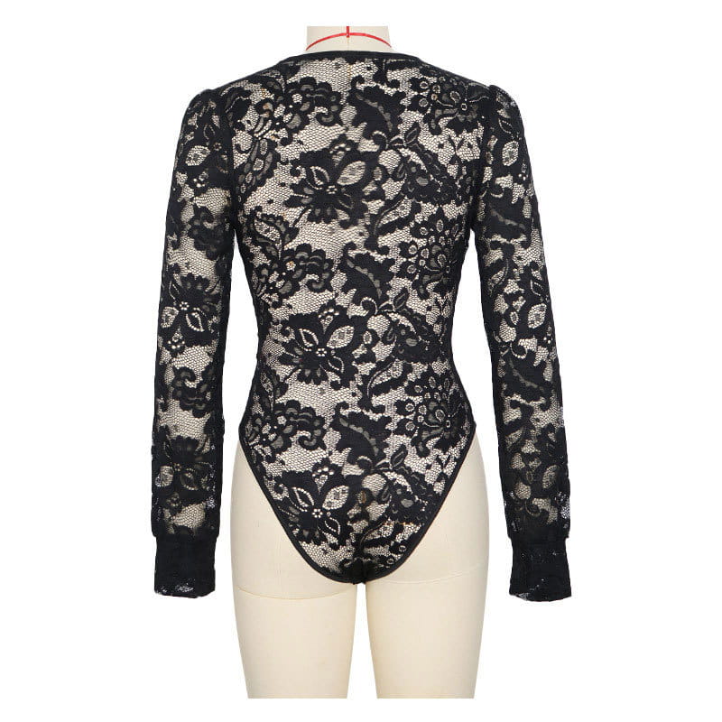 Black Lace Long-sleeve Bodysuit – Elegant Seduction