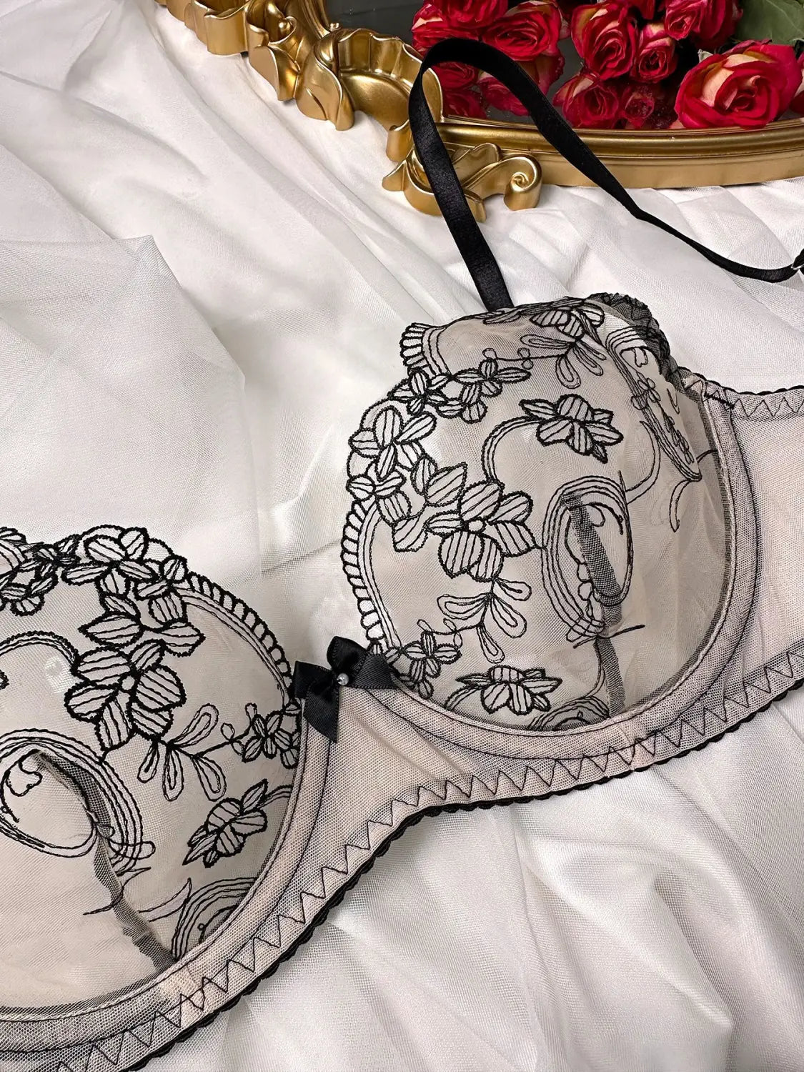 Floral Embroidery Steel Ring Push-up Sexy Underwear Two-piece Set