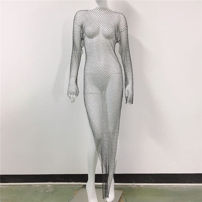 Alluring Rhinestone Fishnet Maxi Dress - Embrace your Sexy and Elegant Style