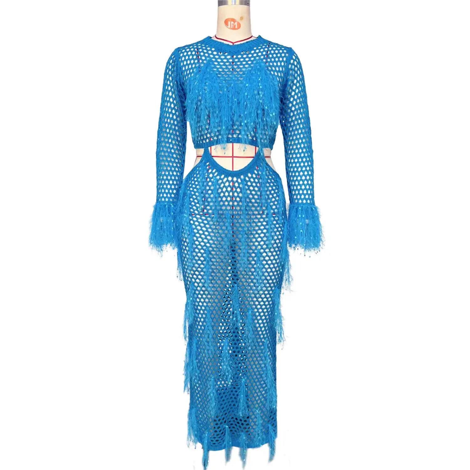 Boho Maxi Beach Dress - Handmade Knit With Mink Tassel Details