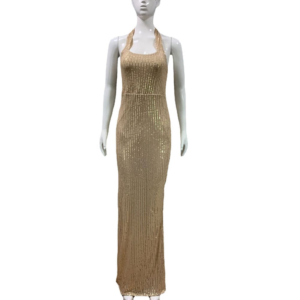 Glamorous Golden Sequin Split Maxi Dress - Rhinestone Sparkle For Ultimate