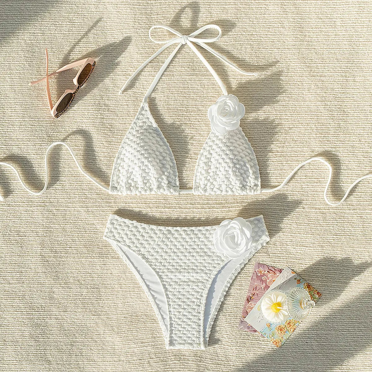 White 3d Floral Split Bikini - Boho & Vacation