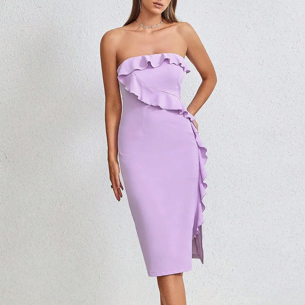 Ruffled Split Tube Dress - Sexy Summer Style with Zipper Detail