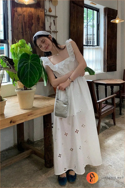 Square-Neck Midi Dress with Eyelet Cutouts and Ruffle