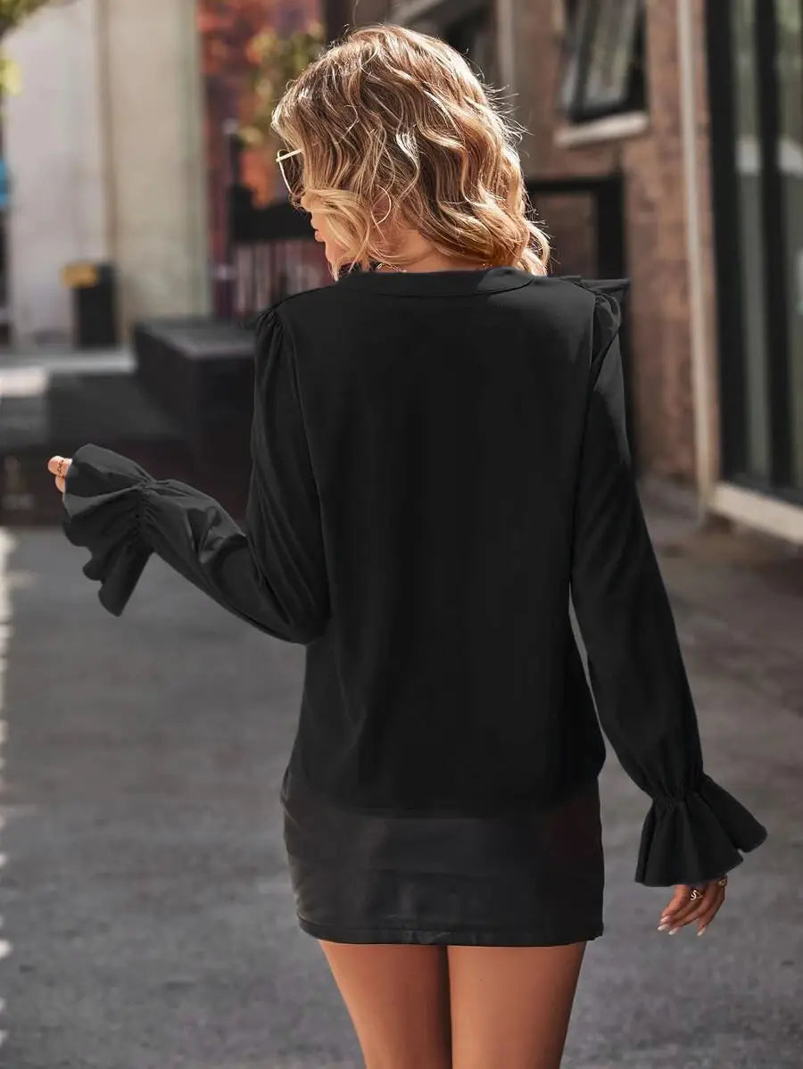 Ruffled V-neck Elegant Shirt - Graceful Fall Style with Luxe Ruffles