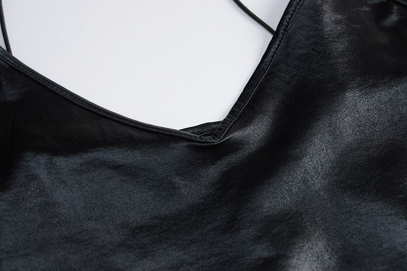 V-neck Faux Leather Dress - Svelte Radiance