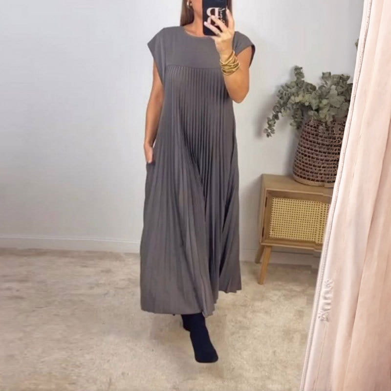 Pleated Maxi Dress with Cap Sleeves - Effortless Style