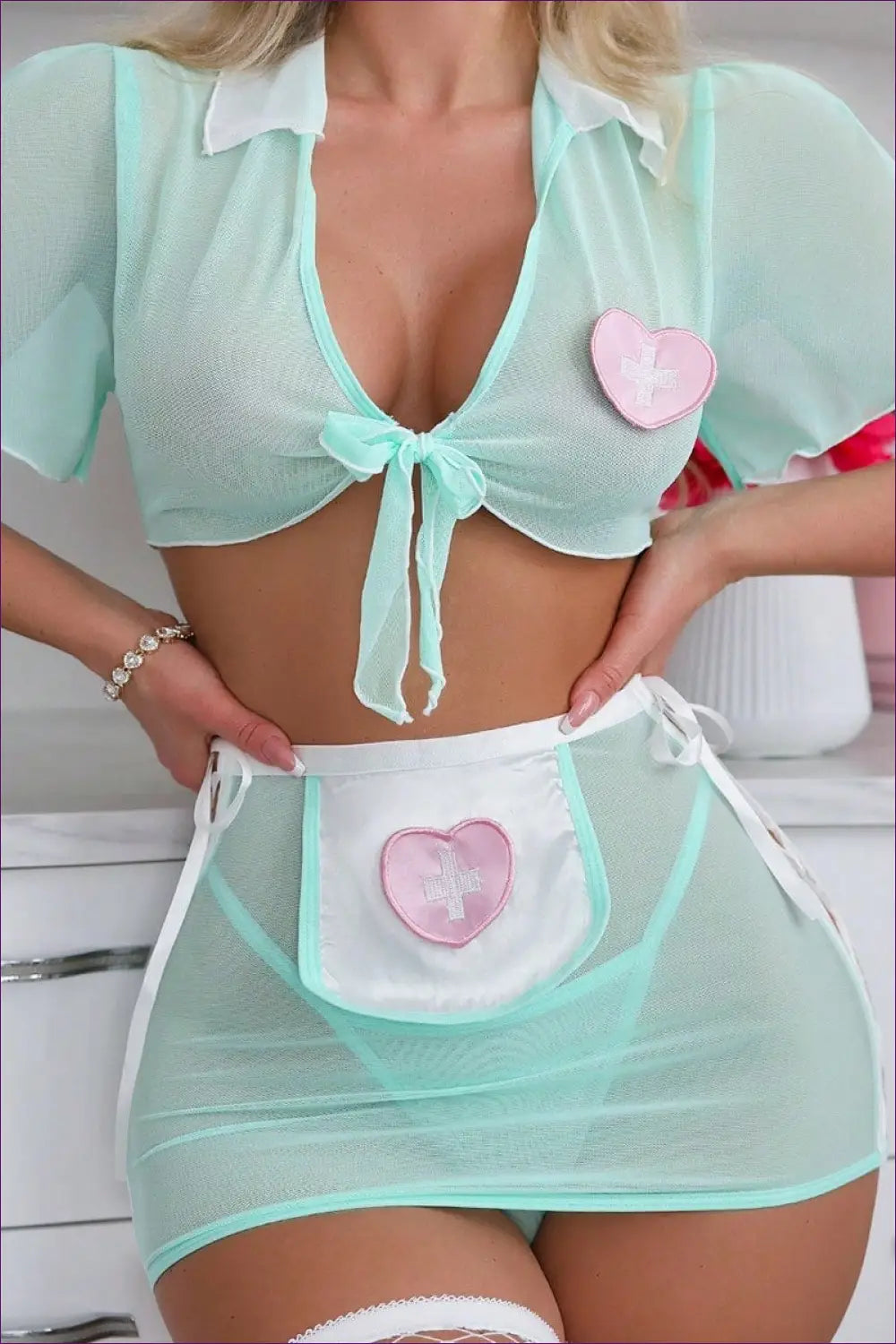 Green Sexy Nurse Costume with Heart Cross Patch - Playful Fantasy