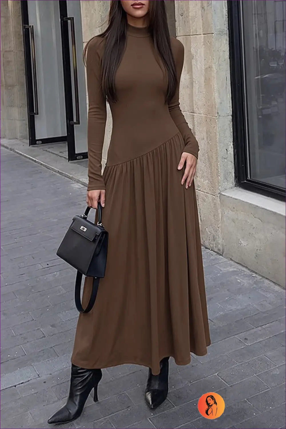 Coffee Brown Long Sleeve Maxi Dress with High Neck - Quiet Evenings