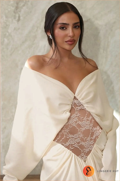 Ivory Off-Shoulder Lace-Cutout Evening Gown