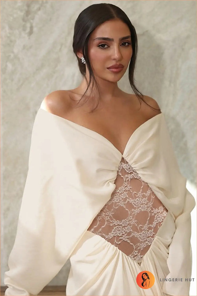 Ivory Off-Shoulder Lace-Cutout Evening Gown