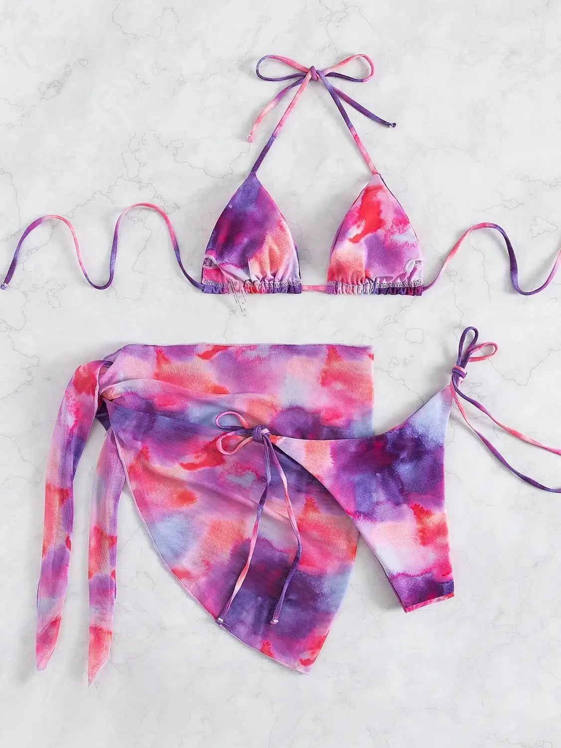 Boho Tie-dye Three-piece Swimsuit - Versatile Style For Beach And Vacation