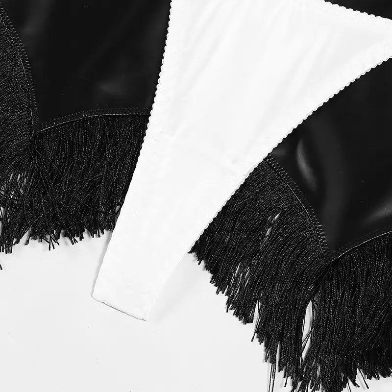 Tassel Temptation Lingerie Set - Faux Leather Contrast Elegance