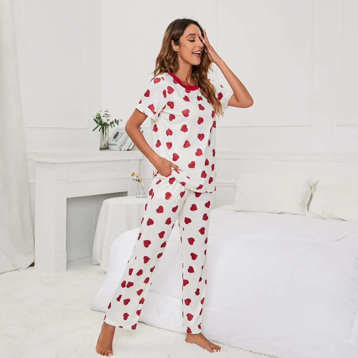 Heart-print Round-neck Pyjama Set - Summer Love Lounge