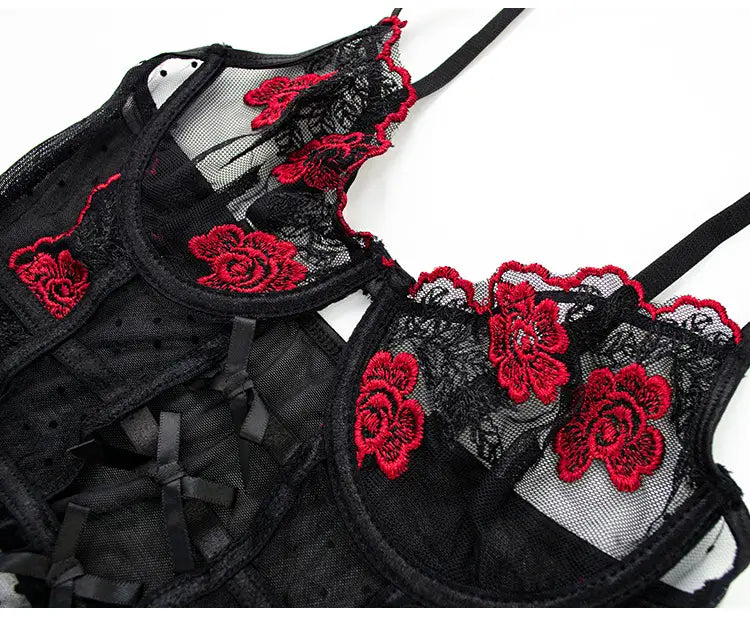 Floral Cutout Lingerie Set - Corset Elegance Meets T-back Allure