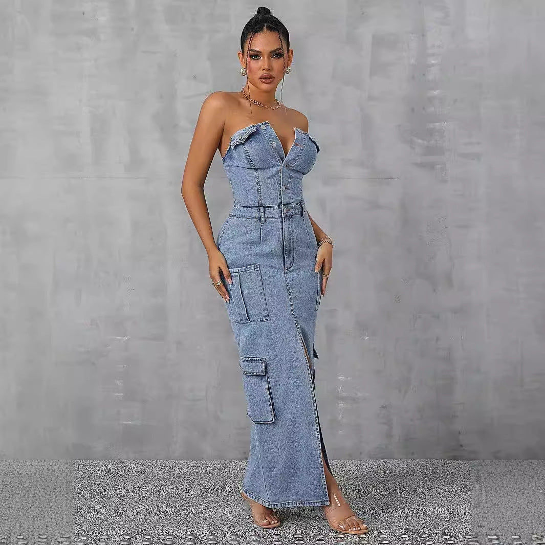 Strapless Denim Maxi Dress – Edgy & Chic