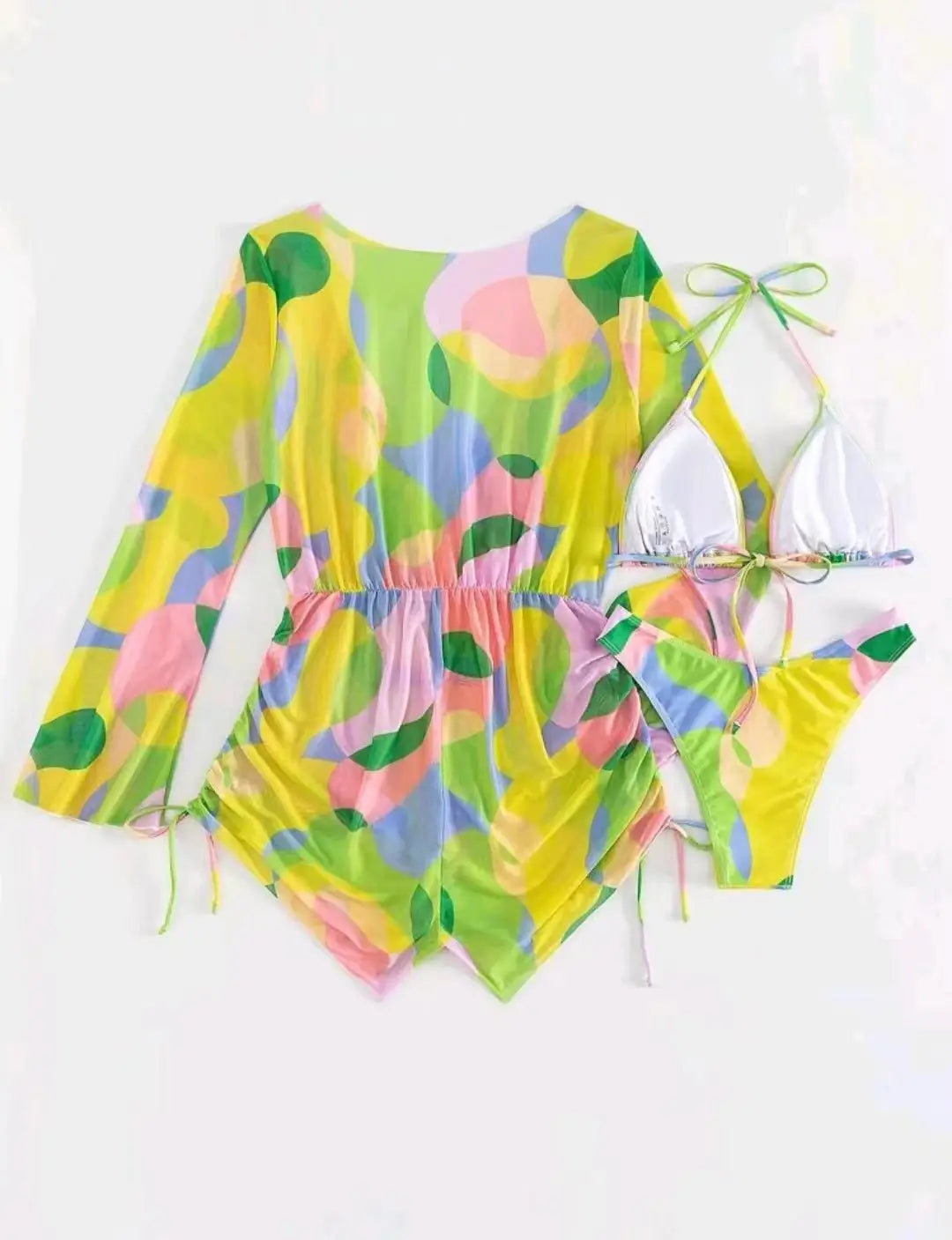 Boho Mesh Bikini Set – Chic Three-piece Swimwear