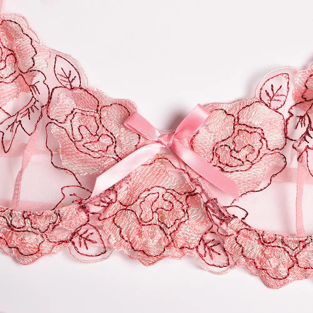 Pink Floral Embroidery Bra Set - Enchanting Trio Elegance