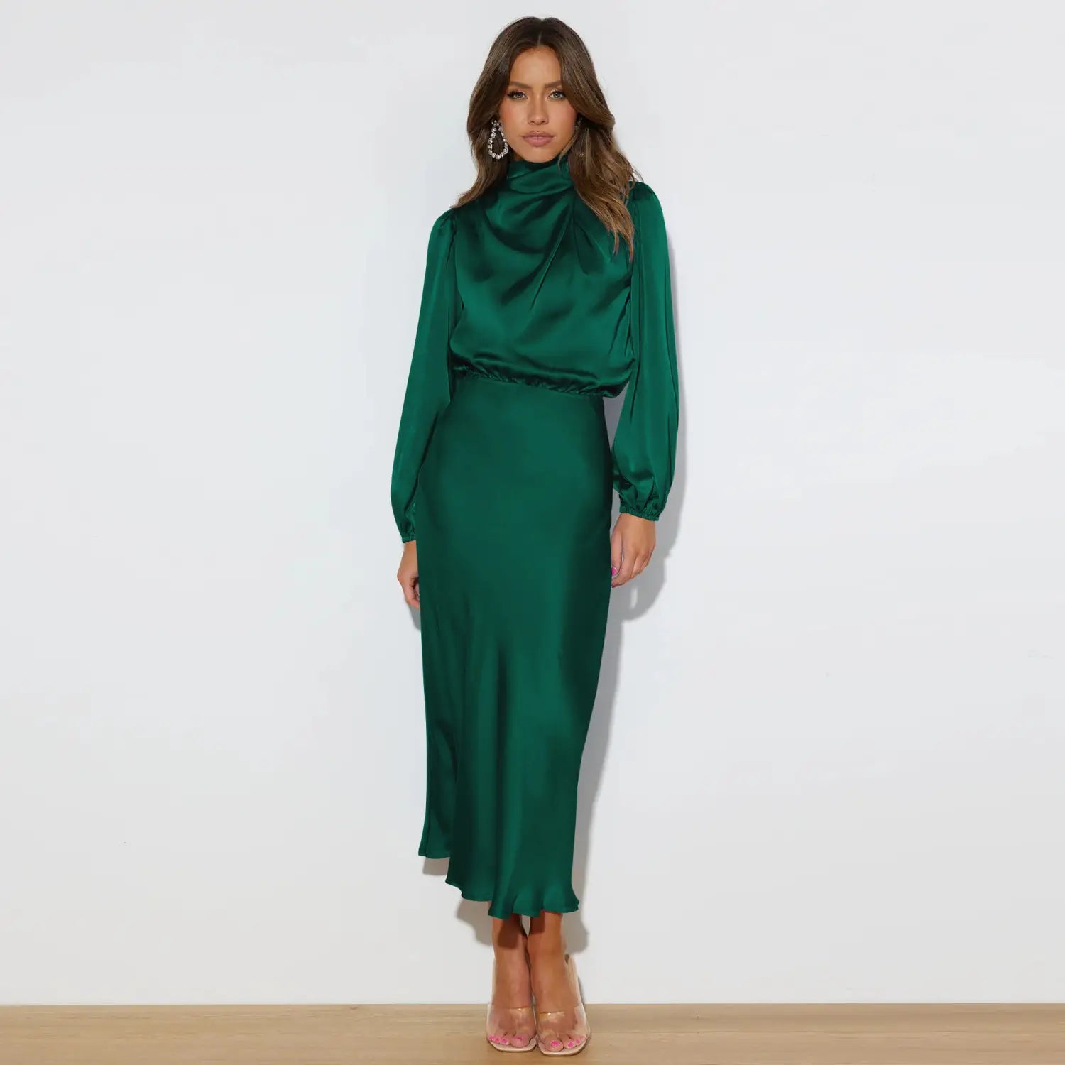 Satin Midi Dress with Balloon Sleeves - Evening Elegance