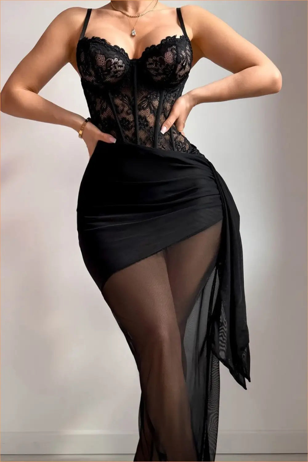 Black Lace Corset Slit Maxi Dress