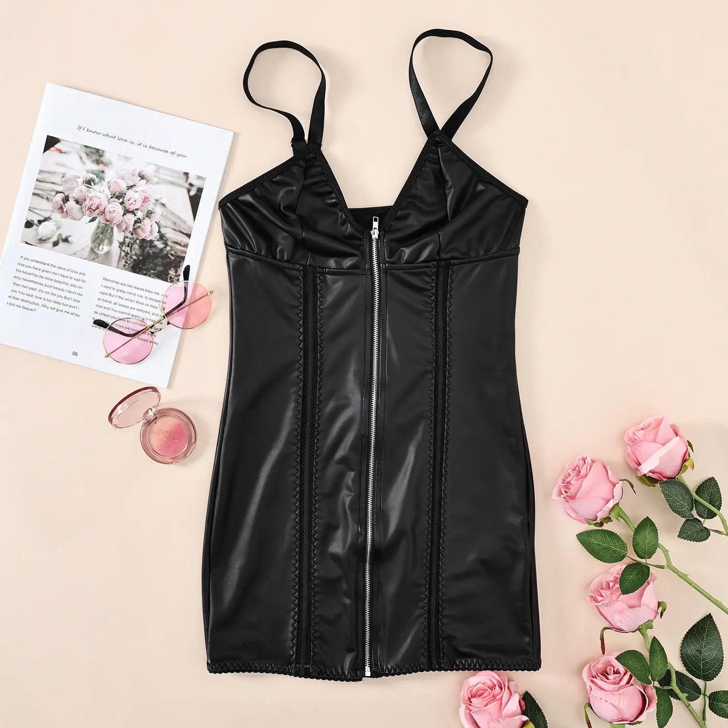 V-neck Faux Leather Cami - Zipper Charm Party Perfection