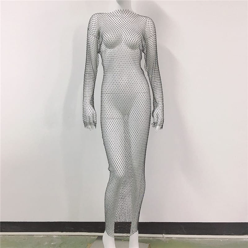 Alluring Rhinestone Fishnet Maxi Dress - Embrace your Sexy and Elegant Style