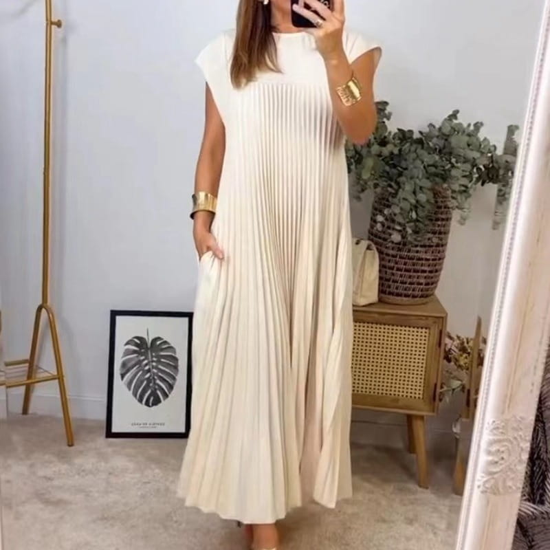 Pleated Maxi Dress with Cap Sleeves - Effortless Style