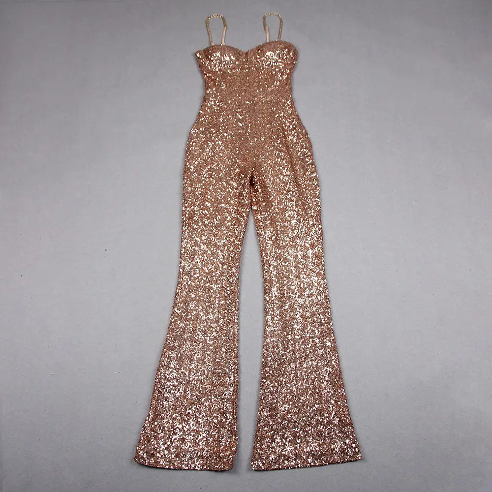 Sexy Sequined Strap Off-the-shoulder Tube Top Slim Sheath Long Jumpsuit