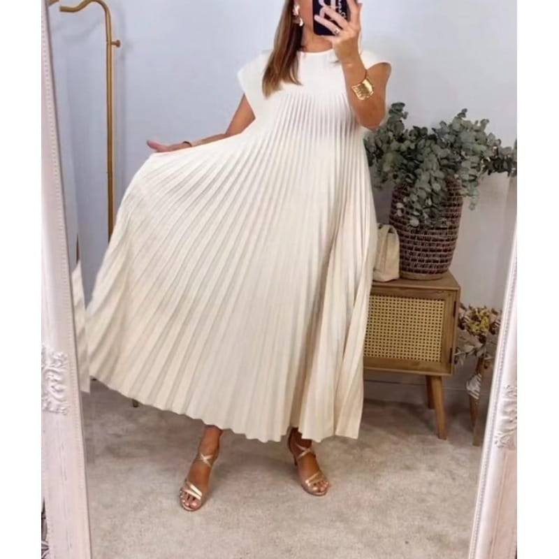 Pleated Maxi Dress with Cap Sleeves - Effortless Style