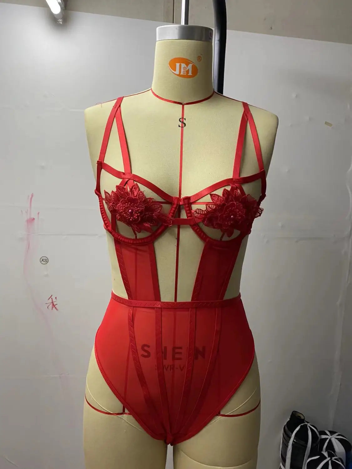 Sexy Floral Bodysuit - Lace Strap Red Harness Temptation