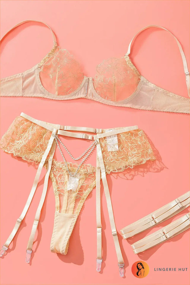 White Floral Embroidered Mesh Bra, Thong and Garter Belt with Chain Trim