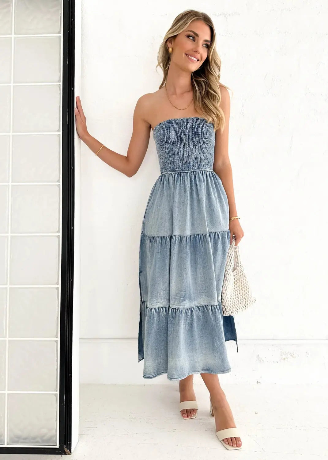 Elegant Strapless Denim Tiered Dress – Summer Chic