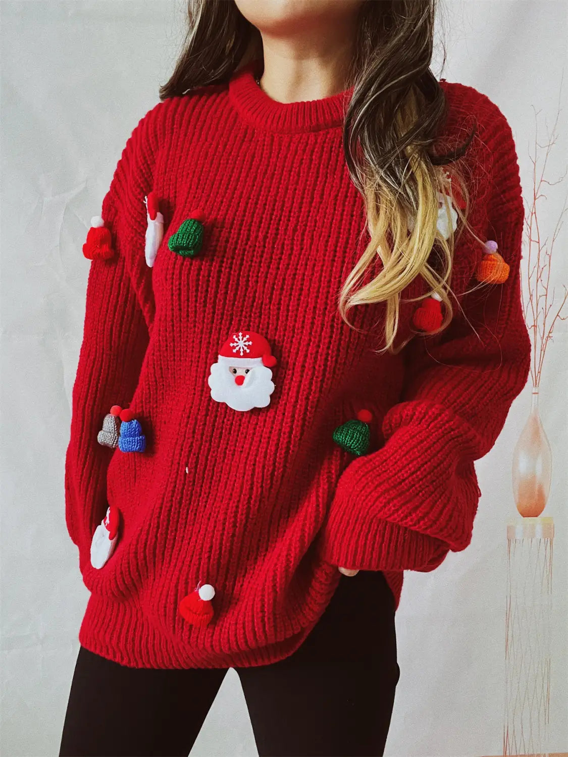 Santa Claus 3d Decoration Knitted Sweater - Loose Fit For Cozy Holidays