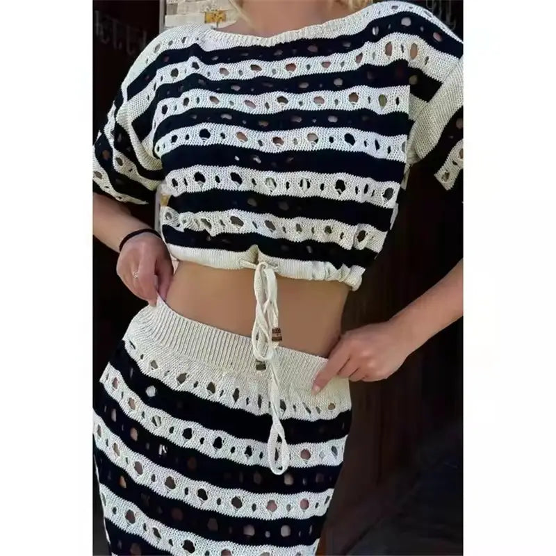 Striped Crop Top Maxi Skirt Set - Playful Sophistication