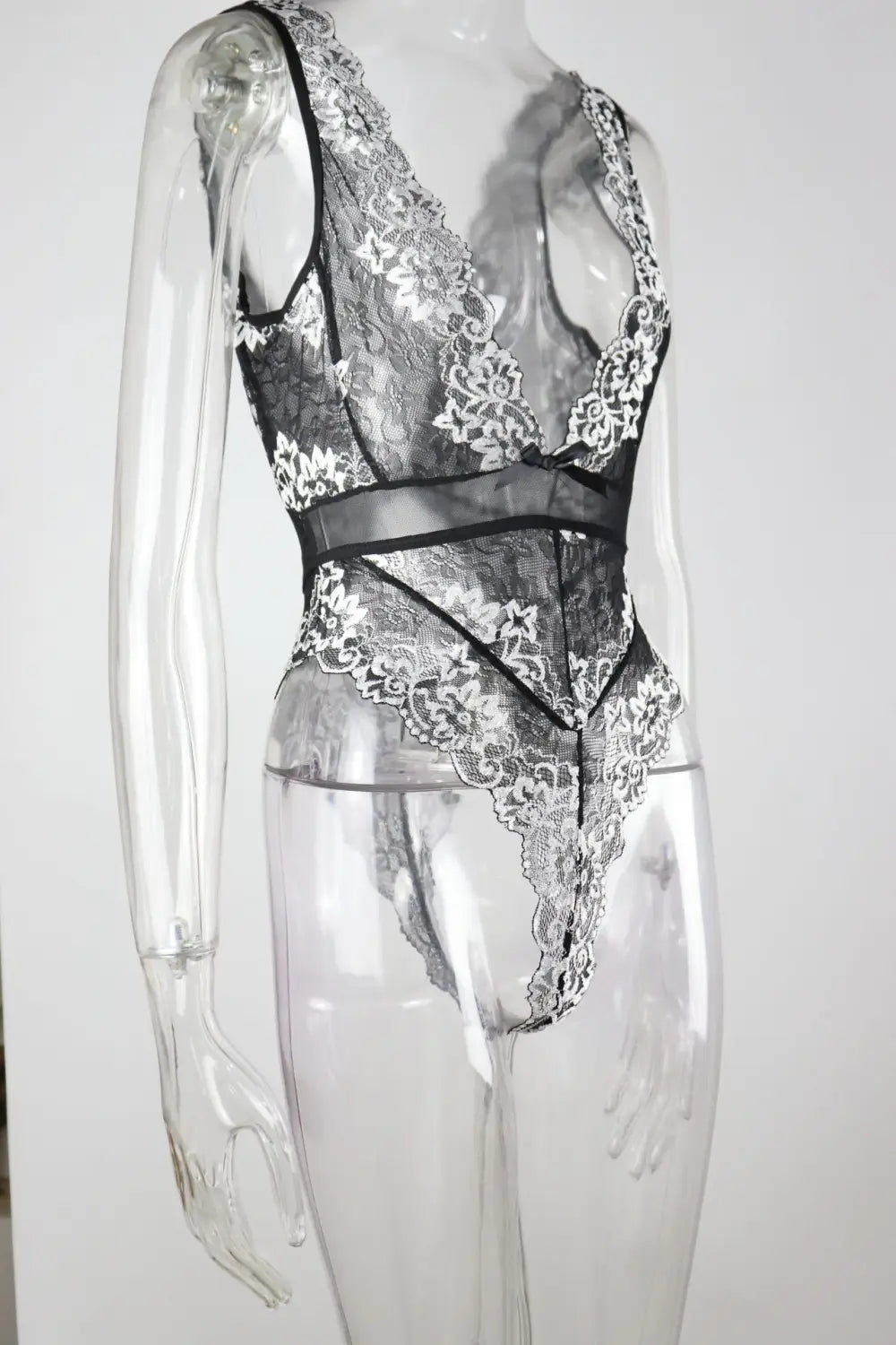 Lace Bodysuit with Deep V-neck and Cut-out Details