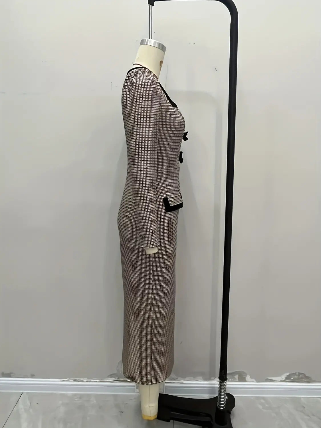 Tweed Midi Dress with Bow Details - Office Chic