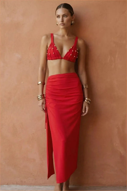 Pearl Beaded Triangle Top and Ruched Maxi Skirt