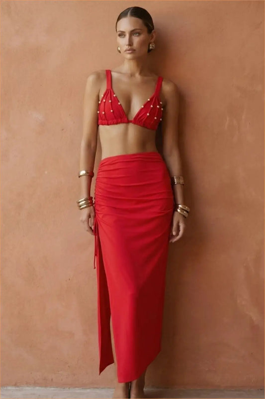 Pearl Beaded Triangle Top and Ruched Maxi Skirt