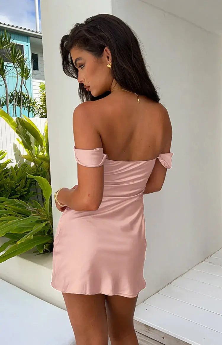 Elegant Off-shoulder Satin Dress – Sexy Summer Style
