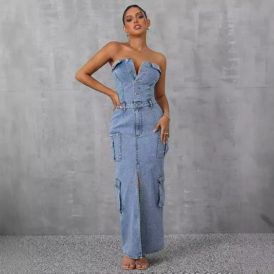 Strapless Denim Maxi Dress – Edgy & Chic