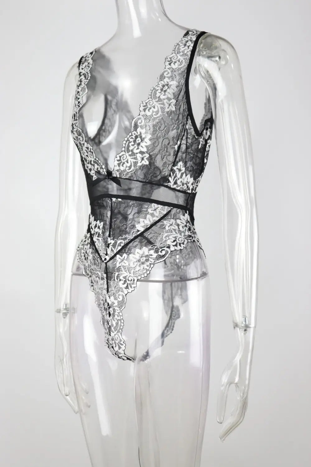 Lace Bodysuit with Deep V-neck and Cut-out Details