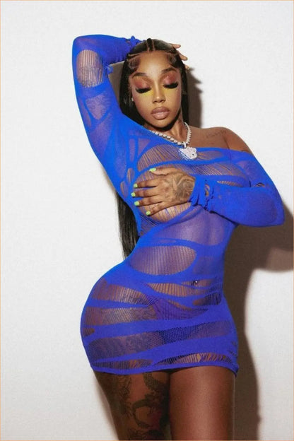 Electric Blue Fishnet Cut-Out Long-Sleeve Mini Dress