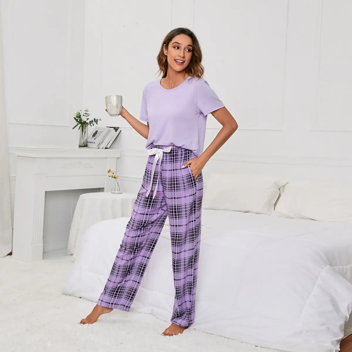 Solid-colour T-print Checks Pyjama Set - Summer Lounge Bliss