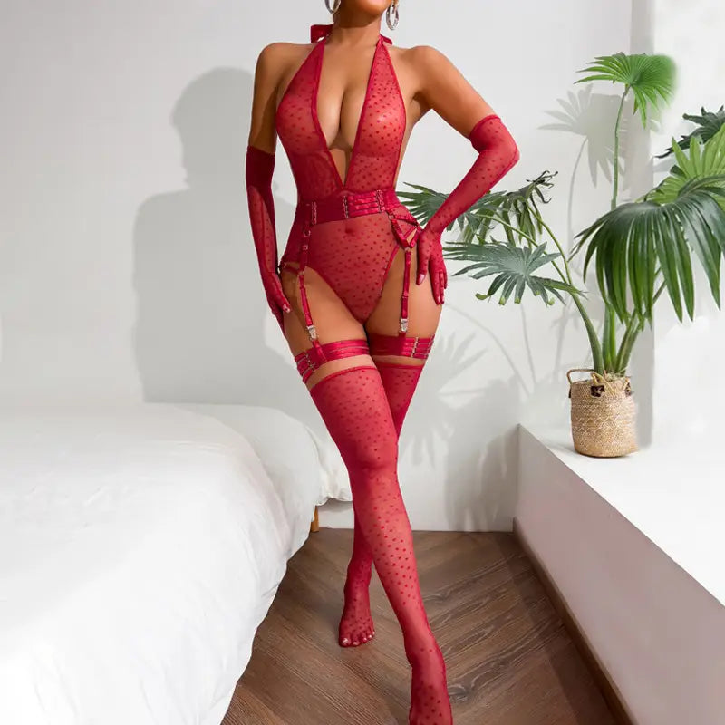 Dot Mesh Delight Halterneck Set - Dazzlingly Daring!