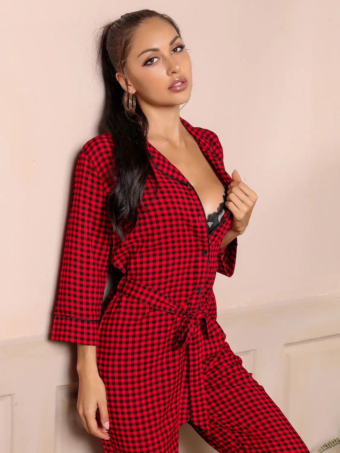 Red Plaid V-neck Jumpsuit - Belted Lounge Elegance