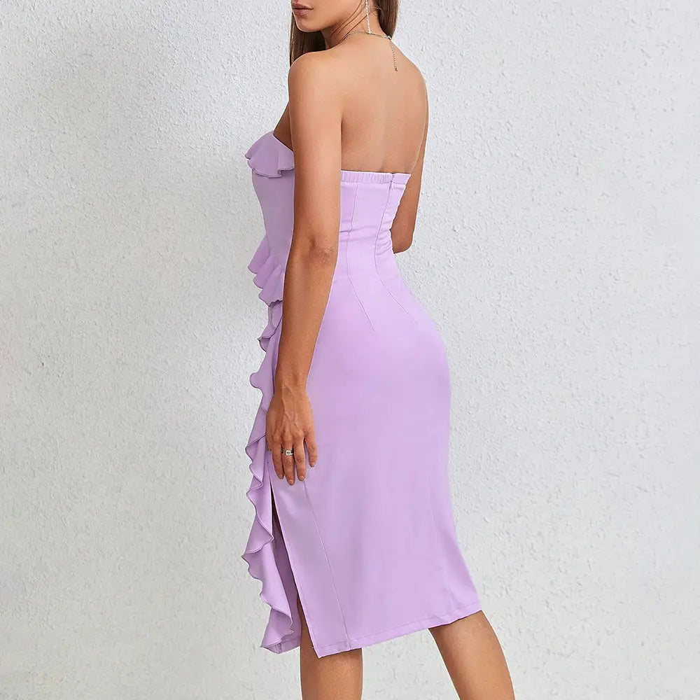 Ruffled Split Tube Dress - Sexy Summer Style with Zipper Detail