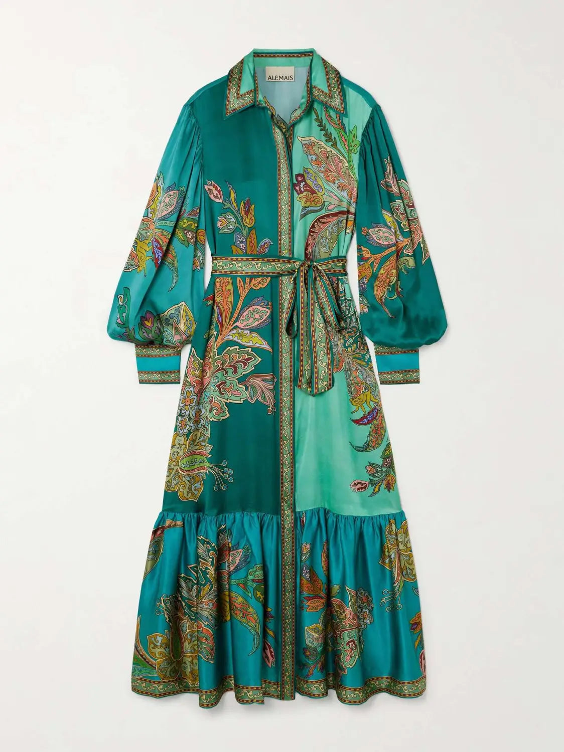 Holiday Collared Single Placket Lantern Sleeve Long Vintage Printing Dress